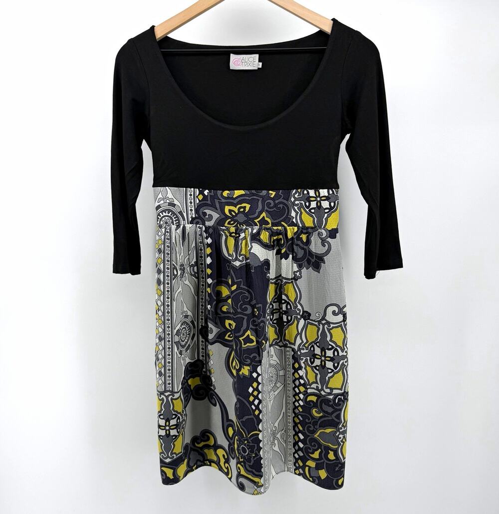 Alice & Trixie Black Knit and Silk Geometric Print Empire Waist Dress S Y2K Boho